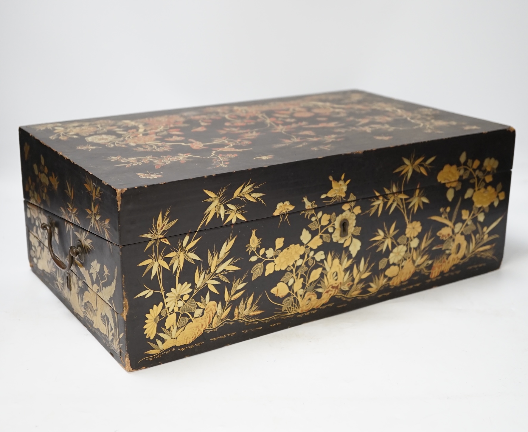 A mid 19th century Chinese Export lacquer writing box, 42cm wide. Condition- fair, some chipping